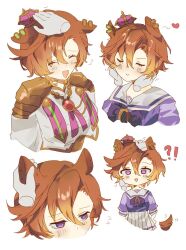  !? 1girl 1other animal_ears armor blush bow bowtie breasts cheek_press closed_eyes closed_mouth commentary crown english_commentary hair_between_eyes headpat heart highres horse_ears horse_girl horse_tail jewelry john_uma long_sleeves looking_at_viewer mini_crown orange_hair orange_tail pink_crown pleated_skirt puffy_short_sleeves puffy_sleeves purple_bow purple_bowtie purple_shirt sailor_collar sailor_shirt school_uniform shirt short_hair short_sleeves shoulder_armor skirt smile t.m._opera_o_(o_sole_suo!)_(umamusume) t.m._opera_o_(umamusume) tail tracen_school_uniform umamusume violet_eyes white_sailor_collar white_shirt white_skirt 