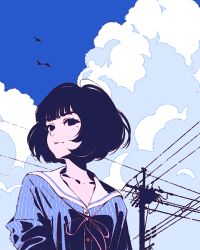  1girl akashi_(yojouhan) bird black_eyes black_hair blue_dress blunt_bangs bob_cut clouds cloudy_sky collared_shirt dress from_below mole mole_under_eye moshimoshibe power_lines shirt sideways_glance sky solo yojouhan_shinwa_taikei 