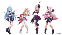  4girls :d animal_ears asymmetrical_clothes asymmetrical_sleeves black_pants black_shirt black_skirt boots collared_shirt color-coded commentary_request company_name concert copyright_notice coyote cropped_shirt detached_sleeves elf full_body hair_wings hakui_koyori highres hololive hololive_idol_uniform_(color_rise) idol idol_clothes lace-up_boots long_hair looking_at_viewer midriff miniskirt mismatched_sleeves multicolored_shirt multiple_girls navel official_alternate_costume official_art omaru_polka pants platform_boots pointy_ears puffy_detached_sleeves puffy_short_sleeves puffy_sleeves r1zen shirt short_hair short_sleeves simple_background single_detached_sleeve single_pantsleg single_sleeve skirt smile standing tail takane_lui thigh-highs very_long_hair virtual_youtuber white_background white_shirt white_thighhighs wolf_ears wolf_girl wolf_tail yukihana_lamy 
