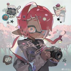  1girl absurdres acuteghost black_shirt bottle brown_coat cake cake_slice camera coat collared_shirt commentary dark-skinned_female dark_skin food food-themed_hair_ornament hair_ornament hairclip highres holding holding_camera hood hood_down hooded_coat inkling inkling_girl inkling_player_character long_hair long_sleeves looking_at_viewer low_twintails milk_bottle narutomaki_hair_ornament parted_lips pointy_ears red_eyes red_hair sample_watermark shirt single_hair_intake solo splatoon_(series) squid_hair_ornament symbol-only_commentary tamagotchi_(virtual_pet) tentacle_hair twintails upper_body virtual_pet_(toy) watermark weibo_watermark 