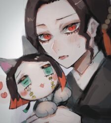  1boy 1girl :3 animal_ears animal_hands aqua_eyes black_hair black_jacket black_kimono blush cat_ears chibi closed_mouth colored_tips commentary_request curly_hair demon_boy demon_girl enmu_(kimetsu_no_yaiba) facial_mark hair_bobbles hair_ornament heart hetero holding_chibi impasto jacket japanese_clothes kemonomimi_mode kibutsuji_muzan kibutsuji_muzan_(female) kimetsu_no_yaiba kimono lipstick long_hair looking_at_viewer makeup medium_hair mini_person miniboy multicolored_hair open_mouth painterly parted_hair pink_lips portrait red_eyes shelliemeylove sidelocks slit_pupils small_sweatdrop symbol-shaped_pupils tears_facial_mark trap undershirt white_background 
