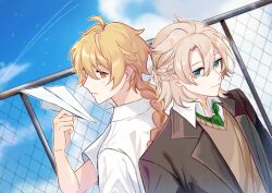  2boys aether_(genshin_impact) ahoge albedo_(genshin_impact) alternate_costume blazer blonde_hair blue_eyes closed_mouth clouds commentary english_commentary fence genshin_impact green_necktie highres holding holding_paper_airplane inkka jacket light_blush looking_back looking_to_the_side male_focus multiple_boys necktie outdoors paper_airplane shirt smile white_shirt yellow_eyes 