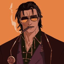  1boy black_hair black_shirt cigar coat collared_shirt commentary english_commentary gold_trim hair_slicked_back highres hvcassini98 jacket lapels limbus_company looking_at_viewer male_focus meursault_(project_moon) mullet notched_lapels official_alternate_costume orange_background orange_theme project_moon red_coat red_jacket red_suit shirt smoke smoking solo suit suit_jacket thumb_(identity)_(project_moon) tinted_eyewear 