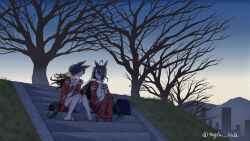  2girls absurdres ahoge animal_ears backpack bag bare_tree blush closed_eyes closed_mouth cup grass hair_between_eyes hands_up hat highres holding holding_cup horse_ears horse_girl horse_tail jacket long_hair long_hair_between_eyes long_sleeves looking_at_another manhattan_cafe_(umamusume) mglw_nafh mug multicolored_hair multicolored_jacket multiple_girls pants parted_lips purple_hat red_jacket red_pants red_shorts rice_shower_(umamusume) shorts sitting sitting_on_stairs smile stairs steam steaming_cup tail thermos tilted_headwear top_hat track_jacket track_pants tree twitter_username two-tone_jacket umamusume very_long_hair white_hair white_jacket yellow_eyes 