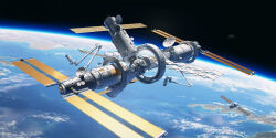  bilingual_commentary chinese_commentary commentary_request earth_(planet) english_commentary highres in_orbit mangshuo mixed-language_commentary moon no_humans original photoshop_(medium) planet radar_dish science_fiction solar_panel space space_station vehicle_focus 