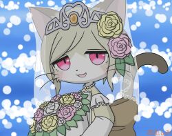  1girl :3 animal_ears blonde_hair blurry bokeh bouquet bridal_veil bride cat_busters cat_ears cat_girl cat_tail commentary_request dated depth_of_field dress flower furry furry_female hair_flower hair_ornament highres holding holding_bouquet jewelry light_blush looking_at_viewer necklace pearl_necklace pink_eyes pink_flower sakana_(sacanacs) short_hair slit_pupils smile solo tail tiara upper_body veil wedding_dress whiskers white_dress yellow_flower yuno_(cat_busters) 