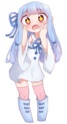  +_+ 1girl absurdres aho_whale blue_boots blue_dress blue_hair blue_sleeves blush boots chibi detached_sleeves dress fang full_body hands_on_own_face hands_up highres kotonoha_aoi long_hair long_sleeves looking_at_viewer open_mouth pink_thighhighs red_eyes simple_background sleeveless sleeveless_dress solo standing thigh-highs thighhighs_under_boots very_long_hair voiceroid white_background wide_sleeves 