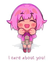  1girl blush_stickers chibi chibi_only closed_eyes english_text full_body jacket long_sleeves neckerchief ootori_emu open_clothes open_jacket open_mouth pink_hair pleated_skirt project_sekai school_uniform short_hair skirt smile socks solo zinachan 