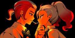  1boy 1girl black_background black_bow black_bowtie blue_eyes bow bowtie cigarette collared_shirt commentary_request ebi_(shrimp_eleven) gradient_hair griselle_(pokemon) grisham_(pokemon) hair_pulled_back hand_on_another's_face highres multicolored_hair orange_hair pokemon pokemon_legends:_z-a ponytail red_eyes red_hair shirt simple_background smoking two-tone_hair white_hair white_shirt 