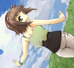  back brown_hair camisole cloud crop_top from_behind green_eyes hair_ribbon idolmaster jeans looking_back outdoors outstretched_arms ribbon short_hair sky smile solo spread_arms takamura_kazuha 