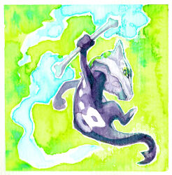  alolan_marowak blue_fire bone border commentary english_commentary fire fleebites full_body green_background green_eyes holding holding_bone looking_back no_humans pokemon pokemon_(creature) pokemon_focus solo white_border 