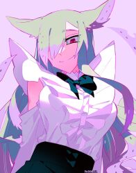  1girl animal_ears arms_at_sides artist_name bare_shoulders black_bow black_bowtie black_skirt bow bowtie breasts center_frills closed_mouth clothing_cutout colored_tips commentary english_commentary eyes_visible_through_hair frills from_below green_hair hair_over_one_eye high-waist_skirt highres long_hair long_sidelocks long_sleeves looking_at_viewer medium_breasts multicolored_hair one_eye_covered original par0llel pleated_skirt purple_background purple_hair red_eyes shirt shoulder_cutout sidelocks simple_background skirt smile solo split_mouth two-tone_hair upper_body valentine_(par0llel) very_long_hair white_shirt 
