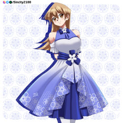 1girl alternate_costume arms_behind_back blonde_hair blue_skirt blush bowtie cute deviantart_username dress flower multicolored_dress polygon simple_background sincity2100 smile tenjouin_asuka white_dress yellow_eyes yu-gi-oh! yu-gi-oh!_gx yuu-gi-ou yuu-gi-ou_gx