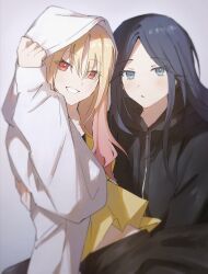  2girls absurdres black_hair black_hoodie blonde_hair commentary_request gradient_hair grey_background grey_eyes grin highres hood hood_up hoodie hoshino_ichika_(project_sekai) long_hair multicolored_hair multiple_girls pann_(1202zzzx00) parted_lips pink_eyes pink_hair project_sekai shirt sitting sitting_on_lap sitting_on_person smile tenma_saki white_hoodie yellow_shirt yuri 