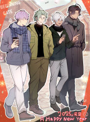  4boys :d ahoge aran_sweater artist_name bandaid bandaid_on_cheek bandaid_on_face bandaid_on_forehead bandaid_on_neck beginning_gate black_hair black_jacket black_pants black_scarf black_shirt black_shoes blue_scarf breast_pocket breath brown_coat brown_jacket brown_pants brown_shoes cable_knit cellphone chromatic_aberration closed_eyes closed_mouth coat colored_eyelashes commentary_request crossed_bandaids crossed_bangs cup curtained_hair dark-skinned_male dark_skin disposable_coffee_cup disposable_cup dress_shoes drone english_commentary english_text fangs fingernails fringe_trim full_body green_eyes green_hair grey_jacket grey_pants grey_scarf grin group_name hair_between_eyes hair_bun hands_in_pockets happy_new_year highres holding holding_cup holding_phone hood hood_down hooded_jacket hypnosis_mic hypnosis_mic:_rhyme_anima jacket jewelry kaibyakumon_kikokuu kasago_akira lec007 light_particles light_smile long_sleeves looking_ahead looking_at_another looking_to_the_side male_focus mature_eyes mature_male mismatched_eyebrows mixed-language_commentary multiple_boys necklace open_clothes open_jacket open_mouth orange_eyes outdoors outline pants parted_bangs parted_hair partially_unzipped phone pink_hair plaid_clothes plaid_scarf pocket pointing profile scarf shirt shoes short_hair side-by-side sideways_glance signature silver_necklace smartphone smile snowflakes sweater swept_bangs teeth turtleneck turtleneck_sweater undercut upper_teeth_only v-shaped_eyebrows very_short_hair wakasagi_satoru wallet_chain white_outline white_pants white_sweater winter_clothes winter_coat yomogi_kenji 