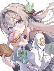  1girl absurdres bag black_hairband blue_pupils bow bowtie buttons commentary_request double-breasted doughnut dutch_angle eating firefly_(honkai:_star_rail) firefly_(spring_missive)_(honkai:_star_rail) floating_hair food grey_hair grey_sailor_collar grey_skirt hair_between_eyes hair_ornament hairband hands_up highres holding holding_bag holding_donut holding_food honkai:_star_rail honkai_(series) light_blush long_hair long_sleeves looking_at_viewer official_alternate_costume paper_bag plaid_bow plaid_bowtie plaid_clothes plaid_skirt puchitoro2 sailor_collar school_uniform serafuku shirt simple_background skirt solo upper_body violet_eyes white_background white_shirt 