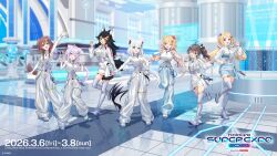  1st_generation_(hololive) 6+girls akai_haato aki_rosenthal artist_request boots cat_girl cropped_jacket dog_girl fox_girl full_body highres hololive hololive_gamers inugami_korone jacket looking_at_viewer miniskirt multiple_girls natsuiro_matsuri nekomata_okayu official_alternate_costume official_art ookami_mio pants second-party_source shirakami_fubuki shirt single_sleeve skirt thigh_boots turtleneck white_boots white_jacket white_pants white_shirt white_skirt wolf_girl 