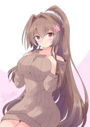  1girl adapted_costume brown_eyes brown_hair brown_sweater cherry_blossoms cowboy_shot dress flower hair_flower hair_intakes hair_ornament highres kantai_collection long_hair looking_at_viewer one-hour_drawing_challenge ponytail ribbed_sweater shizuna_kaede solo sweater sweater_dress twitter_username very_long_hair yamato_(kancolle) yamato_(spring)_(kancolle) 