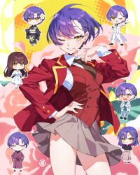  1girl absurdres artist_logo artist_name atomicmrshmallw bathrobe black_socks blazer brown_necktie chibi chibi_inset dress earrings floral_background grey_skirt highres jacket jewelry logo long_sleeves mikadono_kazuki mikadono_sanshimai_wa_angai_choroi miniskirt multiple_views necktie official_alternate_costume official_alternate_hairstyle one_eye_closed parted_lips pleated_skirt purple_hair purple_robe red_jacket red_vest robe school_uniform shirt short_hair skirt socks suit v v_over_mouth vest white_dress white_shirt white_suit yellow_eyes 