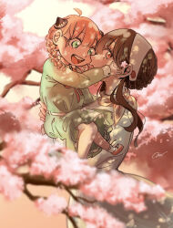  2girls :d :o absurdres adoptive_parent_and_adoptive_child ahoge anya_(spy_x_family) black_hair blue_dress blurry blush braid branch carrying cherry_blossoms child_carry commentary_request depth_of_field dress face-to-face green_dress green_eyes hairband hairpods highres long_sleeves looking_at_another looking_at_viewer looking_to_the_side mother_and_daughter multiple_girls open_mouth peanuts_omr pink_hair pink_shoes profile red_eyes shoes short_hair short_hair_with_long_locks sidelocks sideways_glance signature smile socks spy_x_family standing teeth twin_braids upper_body upper_teeth_only white_hairband white_socks yor_briar 