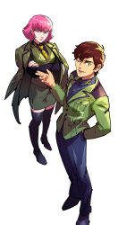  1boy 1girl 444_fofofo ;d absurdres alternate_universe black_boots black_pants black_shirt black_shoes boots brown_hair closed_mouth coat coat_on_shoulders commentary_request crossed_arms full_body green_coat green_eyes green_jacket green_skirt green_vest gundam gundam_gquuuuuux gundam_zz haman_karn hand_in_pocket hand_up highres jacket judau_ashta long_sleeves looking_at_viewer military_jacket military_uniform necktie one_eye_closed open_mouth pants pink_hair shirt shoes short_hair simple_background skirt smile standing thigh_boots vest violet_eyes white_background yellow_necktie zeon 