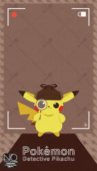  :3 battery_indicator brown_hat closed_mouth deerstalker detective_pikachu_(character) detective_pikachu_(series) full_body hat highres holding holding_magnifying_glass looking_at_viewer magnifying_glass meme_(sleepsheep) no_humans pikachu pikachu_tail pokemon pokemon_(creature) pokemon_focus pokemon_tail recording tail viewfinder 