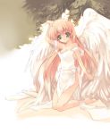  angel bare_shoulders blonde_hair dress green_eyes kneeling long_hair pointy_ears wings 