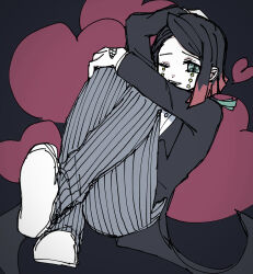  1boy absurdres aqua_eyes asymmetrical_bangs black_background black_hair black_jacket buttons coattails colored_tips commentary_request demon_boy enmu_(kimetsu_no_yaiba) facial_mark full_body grey_pants grin hand_on_own_head hand_on_own_knee heart heart_background highres invisible_floor jacket kimetsu_no_yaiba long_sleeves looking_at_viewer male_focus medium_hair misplaced_mouth multicolored_hair naka_(6tc3y) one_eye_closed open_mouth pants pinstripe_pants pinstripe_pattern shoe_soles shoes sitting smile solo suit_jacket symbol-shaped_pupils tailcoat tears_facial_mark teeth trap undershirt upper_teeth_only white_shoes 