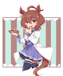  1girl agnes_tachyon_(umamusume) animal_ears beer_hsk black_thighhighs bow bread bread_slice brown_eyes brown_hair cropped_legs food food_on_clothes highres holding holding_food horse_ears horse_girl horse_tail jam lab_coat licking licking_finger open_clothes pleated_skirt purple_shirt purple_skirt school_uniform shirt skirt solo stained_clothes tail thigh-highs tracen_school_uniform umamusume vertical-striped_background white_bow 
