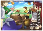  bird blue_hair brown_hair bunny_ears cloud clouds eating food hana kooh lee_byung_hee max nuri pangya penguin picnic pink_hair rabbit_ears red_eyes red_hair redhead scout sky striped striped_legwear striped_skirt striped_thighhighs thigh-highs thighhighs twintails 