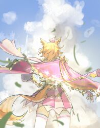  1girl absurdres animal_ears armor blue_sky cape clouds commentary crown ear_ornament english_commentary fingerless_gloves from_behind gloves highres horse_ears horse_girl horse_tail jewelry long_sleeves mini_crown multiple_rings orange_hair orange_tail peemy pink_cape pink_crown ring shirt short_hair shoulder_armor skirt sky solo t.m._opera_o_(o_sole_suo!)_(umamusume) t.m._opera_o_(umamusume) tail thigh-highs two-tone_skirt umamusume white_gloves white_shirt white_thighhighs 