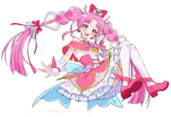  1girl :d bow bow_earrings bowtie braid brooch clothing_cutout commentary_request cure_mystic dress earrings fingerless_gloves frilled_bow frilled_dress frills full_body gloves hair_bow hair_ornament heart heart_brooch heart_hair_ornament highres jewelry kazuma_muramasa kobayashi_mikuru long_hair long_sidelocks looking_at_viewer magical_girl meitantei_precure! open_mouth parted_bangs pink_bow pink_bowtie pink_dress pink_hair pink_ribbon pink_shoes precure red_bow ribbon shoes shoulder_cutout sidelocks simple_background smile solo teeth thigh-highs twin_braids twintails two-tone_dress upper_teeth_only very_long_hair violet_eyes white_background white_dress white_gloves white_thighhighs wrist_ribbon 