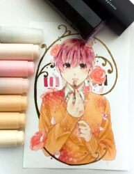  1boy applying_lipstick applying_makeup applying_own_makeup art_tools_in_frame commentary_request cosmetics cropped_torso flower hair_between_eyes hair_flower hair_ornament hands_up highres holding holding_lipstick_tube lipstick lipstick_tube looking_at_viewer makeup male_focus matsuno_todomatsu orange_sweater osomatsu-san osomatsu_(series) parted_lips photo_(medium) pink_eyes pink_flower pink_hair pink_lips pink_nails pink_rose rose ruchi_(nxje5533) short_hair solo straight-on sweater traditional_media undershirt wing_collar 