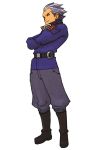  advance_wars advance_wars:_dual_strike belt black_eyes boots crossed_arms eagle eagle_(advance_wars) gloves goggles highres hirata_ryou knee_boots male military military_uniform nintendo official_art short_hair silver_hair simple_background smile solo spiked_hair standing uniform 