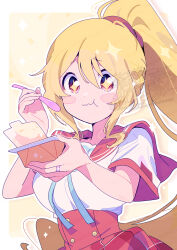 +_+ 1girl :t blonde_hair blush_stickers border closed_mouth commentary_request dot_nose eating hair_between_eyes highres holding holding_spoon long_hair magia_record:_mahou_shoujo_madoka_magica_gaiden mahou_shoujo_madoka_magica outline outside_border plaid_clothes plaid_skirt red_eyes red_sailor_collar red_skirt sailor_collar school_uniform serafuku serizawa_serizane shirt short_sleeves skirt solo spoon togame_momoko upper_body watermark white_border white_outline white_shirt yellow_background yogurt 