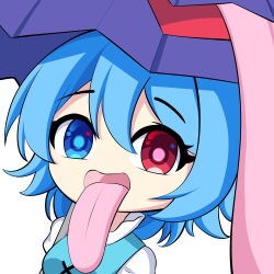  1girl :p blue_eyes blue_hair bmkro commentary heterochromia looking_at_viewer lowres open_mouth red_eyes short_hair simple_background smile solo symbol-only_commentary tatara_kogasa tatara_kogasa_(umbrella) tongue tongue_out touhou umbrella upper_body white_background 
