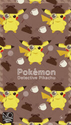  :3 brown_hat closed_mouth cup deerstalker detective_pikachu_(character) detective_pikachu_(series) full_body hat highres holding holding_magnifying_glass looking_at_viewer magnifying_glass meme_(sleepsheep) no_humans pikachu pikachu_tail pokemon pokemon_(creature) pokemon_focus pokemon_tail tail 
