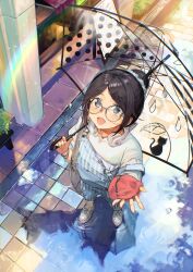  1girl :d black_hair blue_eyes blue_overalls bracelet bright_pupils day from_above full_body hands_up headphones headphones_around_neck highres holding holding_umbrella idolmaster idolmaster_shiny_colors jewelry legs_apart light_blush long_hair long_sleeves looking_up mitsumine_yuika off_shoulder otsudou outdoors overalls ponytail puddle rainbow reflection reflective_liquid road round_eyewear shirt shoes smile solo standing street striped_clothes transparent transparent_umbrella umbrella vertical-striped_clothes vertical-striped_overalls white_shirt white_shoes 