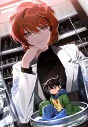  1boy 1girl absurdres black_hair black_sweater blue_eyes blue_pants brown_hair closed_mouth edogawa_conan flask green_eyes green_jacket highres jacket lab_coat meitantei_conan mini_person miniboy miyano_shiho pants petri_dish segami short_hair sweater 