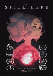  1girl black_background bright_pupils closed_mouth commentary english_commentary explosion half-closed_eyes highres looking_ahead movie_poster_(medium) orange_eyes original pink_hair pink_shirt poster_(medium) raised_inner_eyebrows sad shibansfw shirt short_hair solo white_pupils 