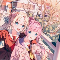  2girls :d anyoji_hime aqua_eyes arm_around_neck bare_tree blonde_hair blue_hair blunt_bangs brown_dress cherry_blossoms commentary_request copyright_notice cover_image curtained_hair dress fang flower gradient_hair hair_flower hair_intakes hair_ornament hasu_no_sora_school_uniform highres hood hooded_jacket jacket link!_like!_love_live! long_sleeves looking_at_viewer love_live! mira-cra_park! multi-tied_hair multicolored_hair multiple_girls neckerchief official_art open_clothes open_jacket open_mouth osawa_rurino outdoors parted_bangs pink_flower pink_jacket pleated_dress ponytail railing red_neckerchief sailor_collar sailor_dress school_uniform selfie sidelocks smile tadano_yukiko teeth tree twintails upper_teeth_only virtual_youtuber white_sailor_collar winter_uniform yellow_neckerchief 
