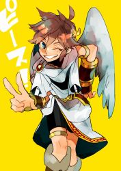  1boy ahoge angel angel_wings bike_shorts blue_eyes brown_hair commentary_request gekitsrl kid_icarus looking_at_viewer male_focus one_eye_closed pit_(kid_icarus) scarf smile solo v white_scarf wings yellow_background 