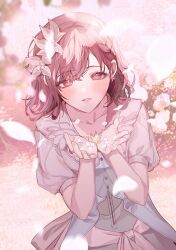  1girl brown_eyes brown_hair dress earrings falling_petals flower hair_flower hair_ornament highres jewelry kizu_darake_no_te_de_watashi-tachi_wa_(project_sekai) kkochmeli leaf_hair_ornament nature official_alternate_costume official_alternate_hairstyle outdoors petals pink_theme project_sekai puffy_short_sleeves puffy_sleeves ring shinonome_ena short_hair short_sleeves solo solo_focus upper_body 