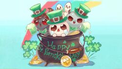  3boys apollyon_(the_binding_of_isaac) artist_request azazel_(the_binding_of_isaac) black_horns black_skin blue_background bow bowtie brown_eyes brown_hair brown_horns buckle clover coin colored_skin crying cup demon_boy demon_horns english_commentary english_text gold_coin green_bow green_bowtie green_hat grey_skirt hat highres holding holding_cup horns isaac_(the_binding_of_isaac) multiple_boys official_art open_mouth rainbow red_eyes saint_patrick's_day second-party_source shamrock skirt streaming_tears swept_bangs tears the_binding_of_isaac v-shaped_eyes 