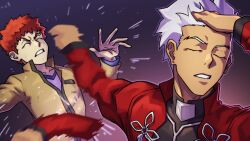  2boys absurdres adjusting_hair alejandro_pupo archer_(fate) coat commentary emiya_shirou fate/stay_night fate_(series) hand_in_own_hair hand_on_own_head highres male_focus meme messy_hair multiple_boys naoya_hitting_choso_without_looking_(meme) punching rapid_punches red_coat red_hair scene_reference school_uniform spiky_hair white_hair 