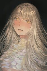  1girl alt_text alternate_hair_length alternate_hairstyle black_background blonde_hair commentary dungeon_meshi falin_touden falin_touden_(chimera) feathers highres long_hair looking_at_viewer monster_girl orange_eyes parted_lips sasakura34 simple_background solo spoilers upper_body white_feathers 