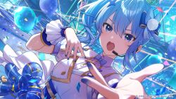  1girl absurdres balloon blue_bow blue_bowtie blue_corset blue_eyes blue_hair blue_nails bow bowtie collared_shirt commentary_request concert confetti corset double-parted_bangs dress hair_between_eyes hair_bow hair_ornament headset highres hololive hololive_dreams hoshimachi_suisei looking_at_viewer medium_hair nail_polish official_alternate_costume official_art open_mouth pom_pom_(clothes) pom_pom_hair_ornament puffy_short_sleeves puffy_sleeves shirt short_sleeves side_ponytail sidelocks solo star_(symbol) star_hair_ornament star_in_eye symbol_in_eye teeth upper_teeth_only virtual_youtuber white_dress wrist_cuffs 