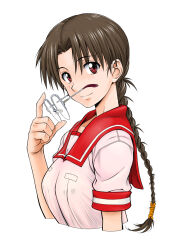 1girl braid brown_eyes brown_hair harukaze_koucha hoshina_tomoko long_hair looking_at_viewer over-rim_eyewear red_sailor_collar sailor_collar school_uniform semi-rimless_eyewear serafuku simple_background single_braid solo to_heart to_heart_(series) unworn_eyewear white_background 