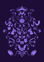  absurdres chandelure commentary doublade dreepy drifloon duskull english_commentary frillish frillish_(female) frillish_(male) froslass gastly gengar giratina giratina_(origin) gourgeist haunter highres hisuian_typhlosion mimikyu misdreavus monochrome pokemon pokemon_(creature) pokemon_focus purple_background purple_theme rotom rotom_(normal) sanglunaria simple_background sinistea smile 