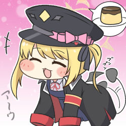  1girl absurdres all_fours black_coat black_hat black_tail black_wings blonde_hair blue_archive chibi closed_eyes coat commentary_request demon_girl demon_horns demon_tail demon_wings dress food halo hat highres horns ibuki_(blue_archive) kakapomilk long_hair long_sleeves low_wings meme open_clothes open_coat open_mouth peaked_cap pinafore_dress pudding side_ponytail sleeveless sleeveless_dress smile solo speakiposting_(meme) tail tail_wagging wings yellow_halo 